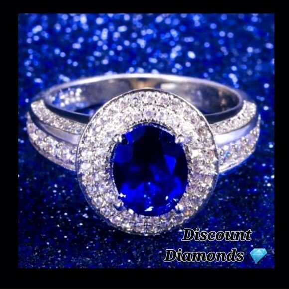 Blue Sapphire & White Baguette Diamond Ring on 925 Sterling Silver - Women's - Picture 1 of 4